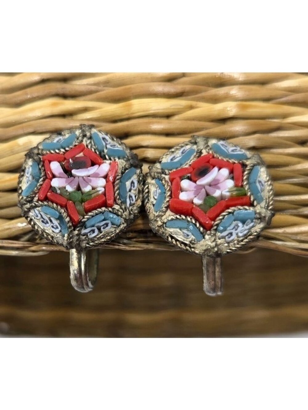 Vintage Italian Micromosaic Earrings Floral Glass Tiles .5 inch Screw Backings